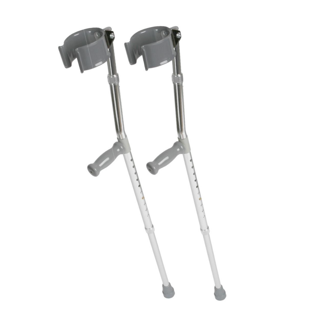 Two adjustable gray Medline Forearm Crutches with hand grips and arm cuffs stand upright on a white background, displaying this dependable mobility aid.